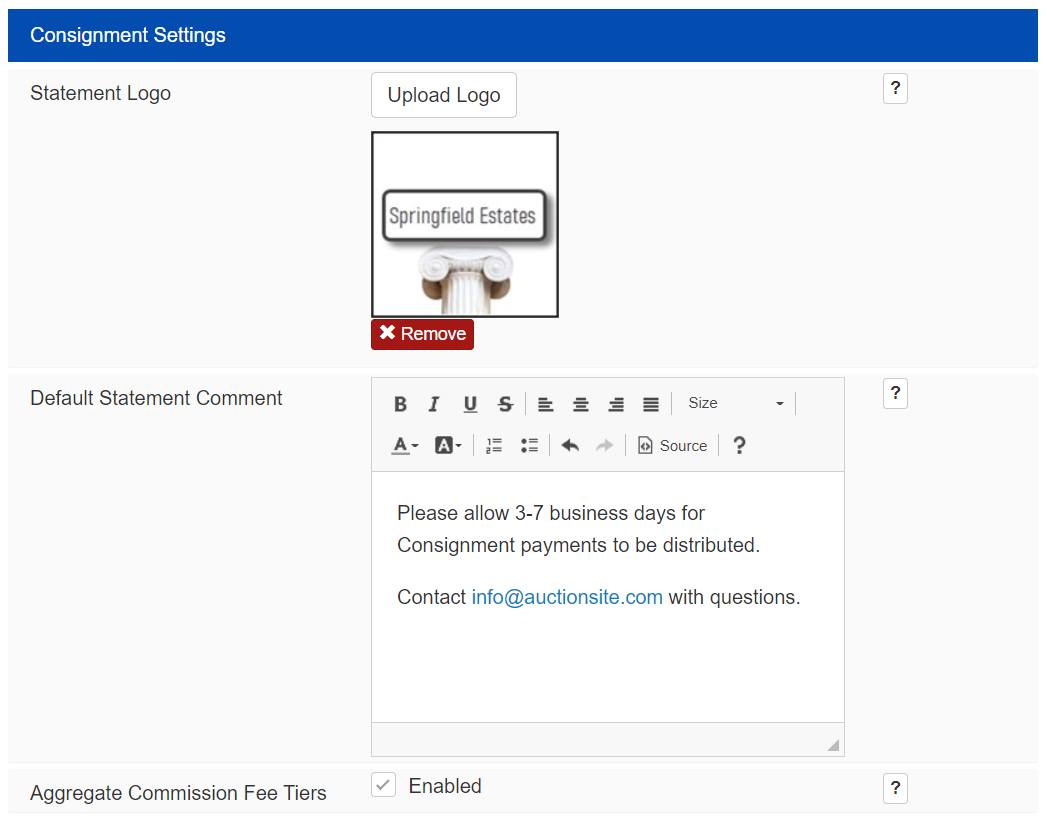 Consignment Settings Screenshot